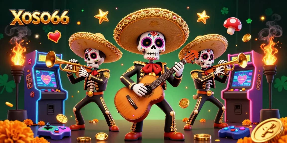 XOSO66 celebrates gaming with vibrant mariachi skeletons amid 3D arcade elements.