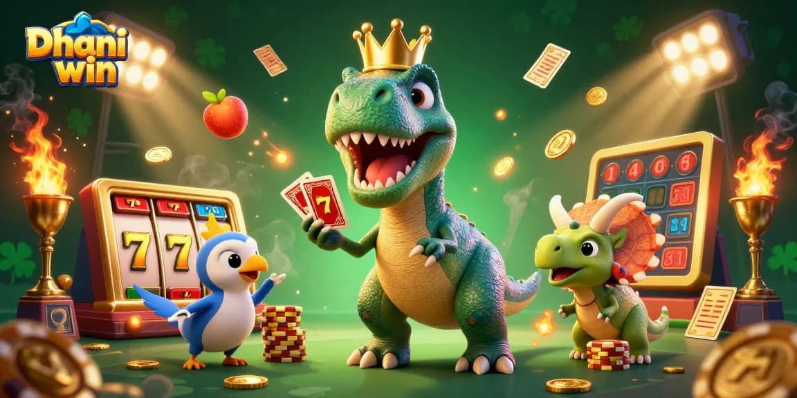 Engage in exhilarating games on Dhani win with friendly dinosaurs enjoying a lively casino atmosphere.
