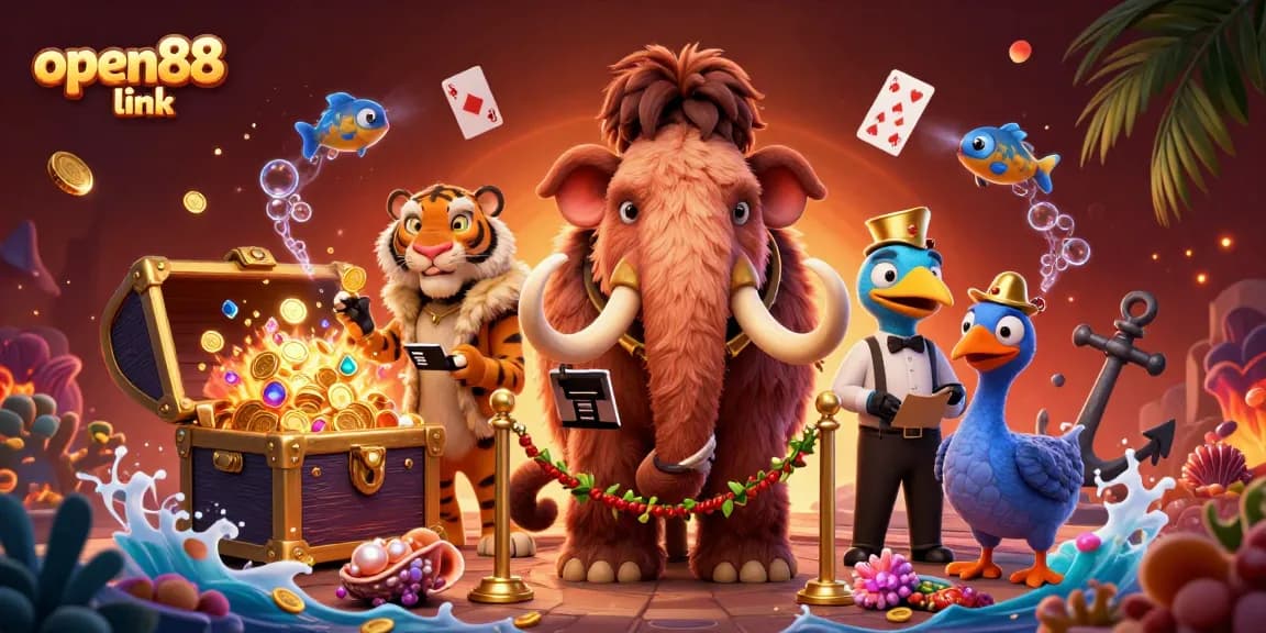 Experience the thrill of open88 link with a vibrant casino scene featuring unique characters and dynamic gaming elements.