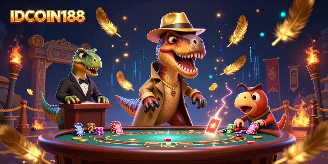 IDCOIN188 velociraptor card counter at blackjack table surrounded by action-packed casino elements.