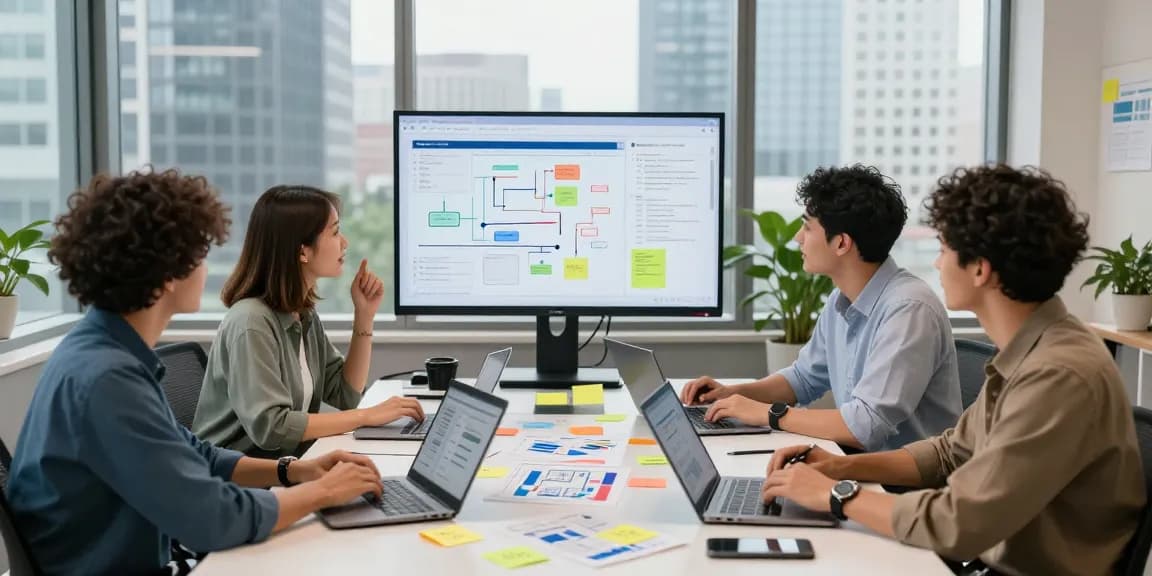 Build internal tools with AI in a modern office workspace with a diverse team collaborating on project designs.