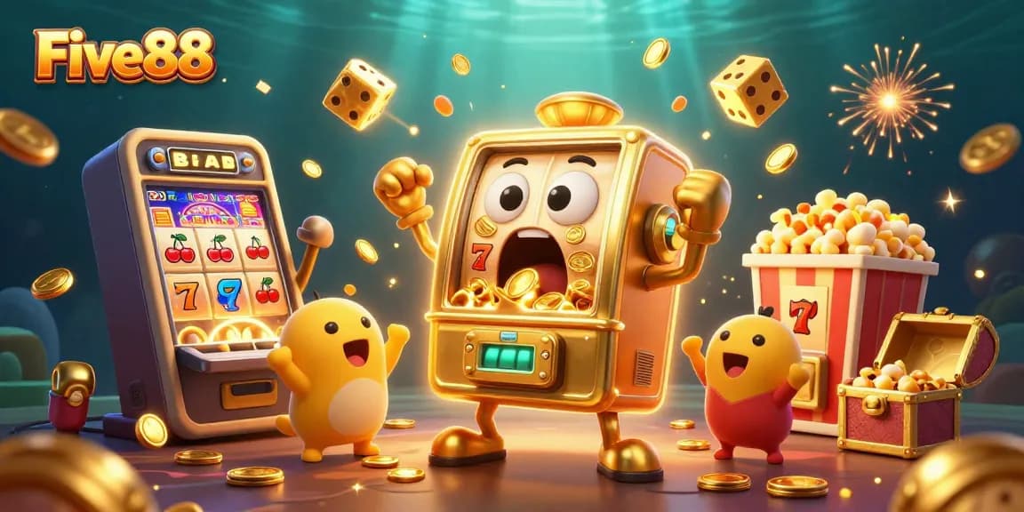 Experience excitement with Five88's golden slot machine hitting a jackpot, surrounded by cheering machines.
