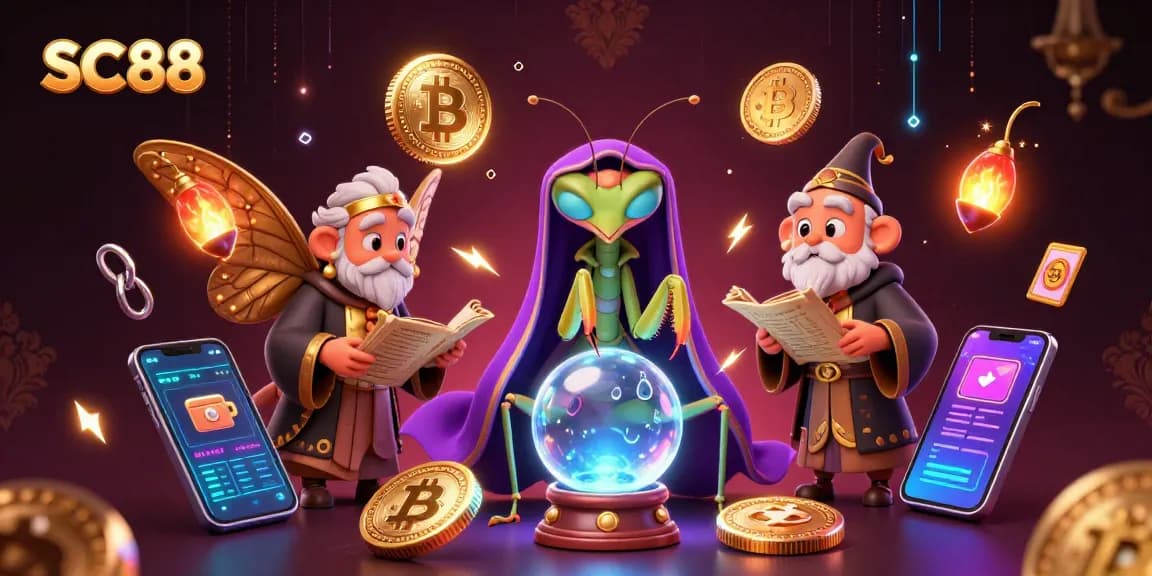 Experience the mystical world of SC88 with animated fortune tellers and crypto elements in a vibrant casino setting.