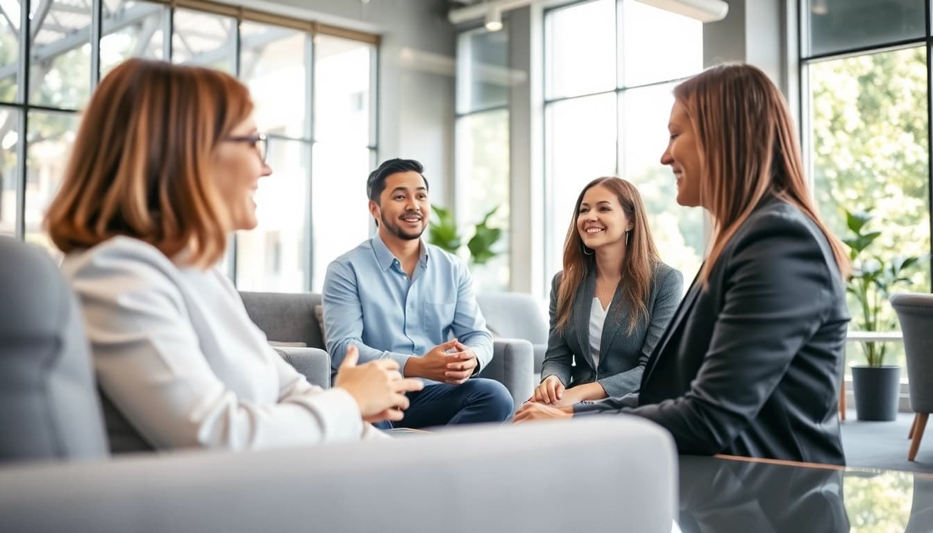 Consultant advising clients about temporary staffing agencies in a modern office setting.
