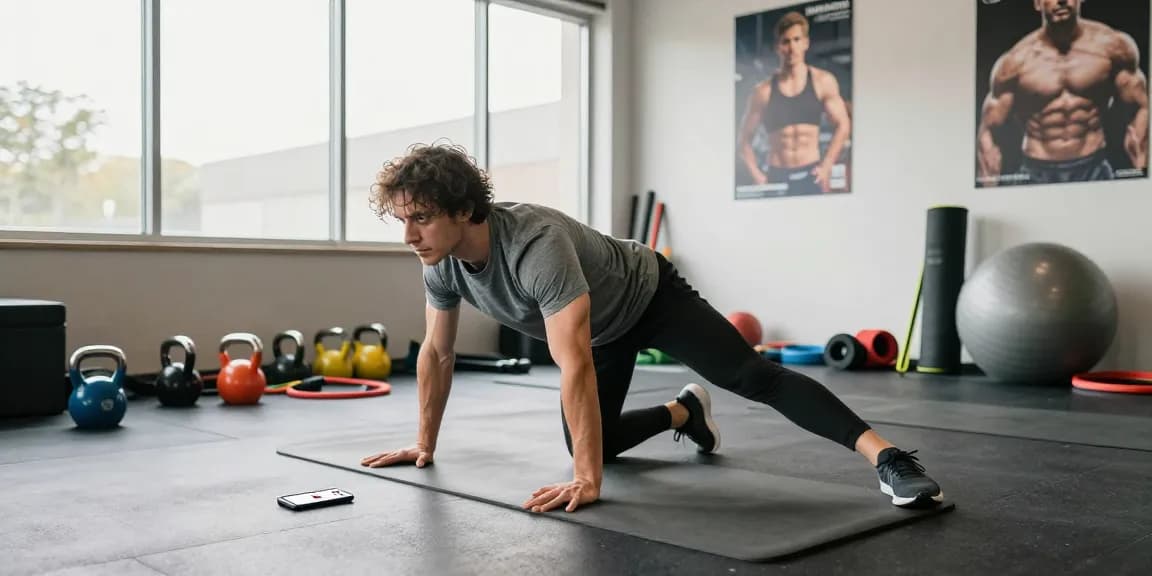 Prediksi 7meter in a vibrant fitness training scene showcasing an individual stretching with gym equipment in the background.