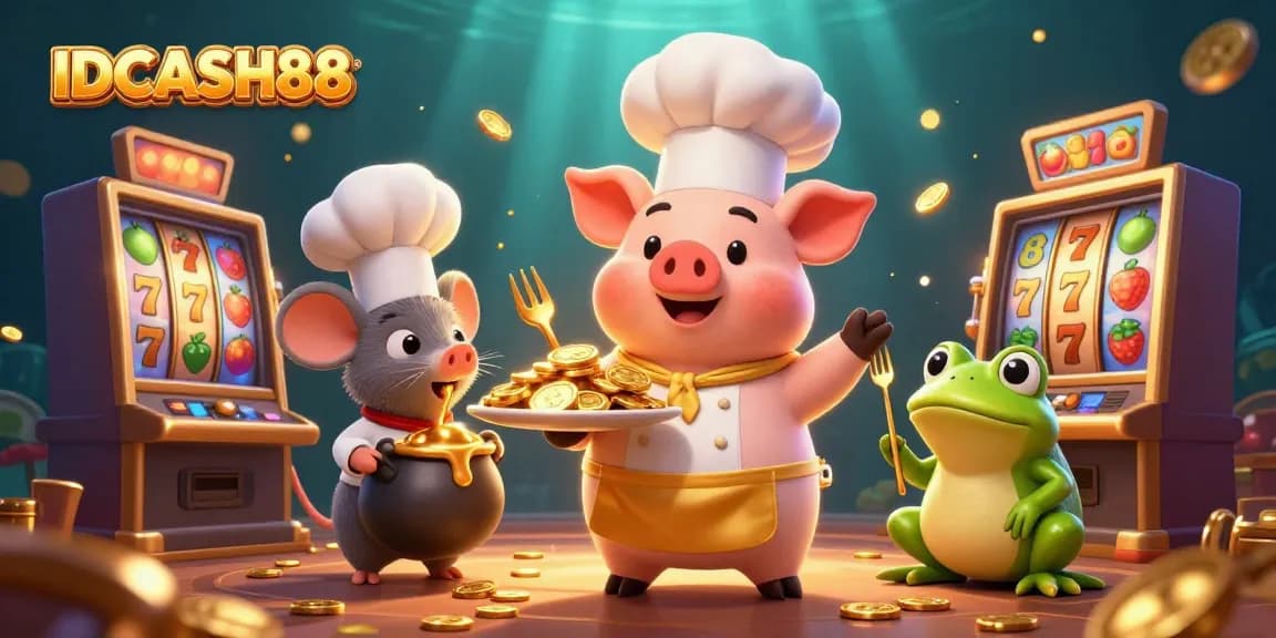 Spin the reels at IDCASH88 with an animated chef serving gold coins for players!