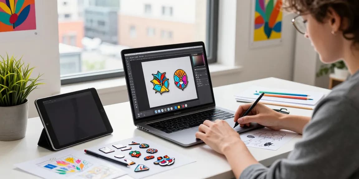 Custom acrylic pins design process by a creative professional in a vibrant urban workspace.