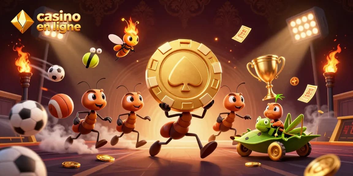 Gagnez avec casino en ligne : équipes d'insectes transportant des jetons d'or avec énergie.
