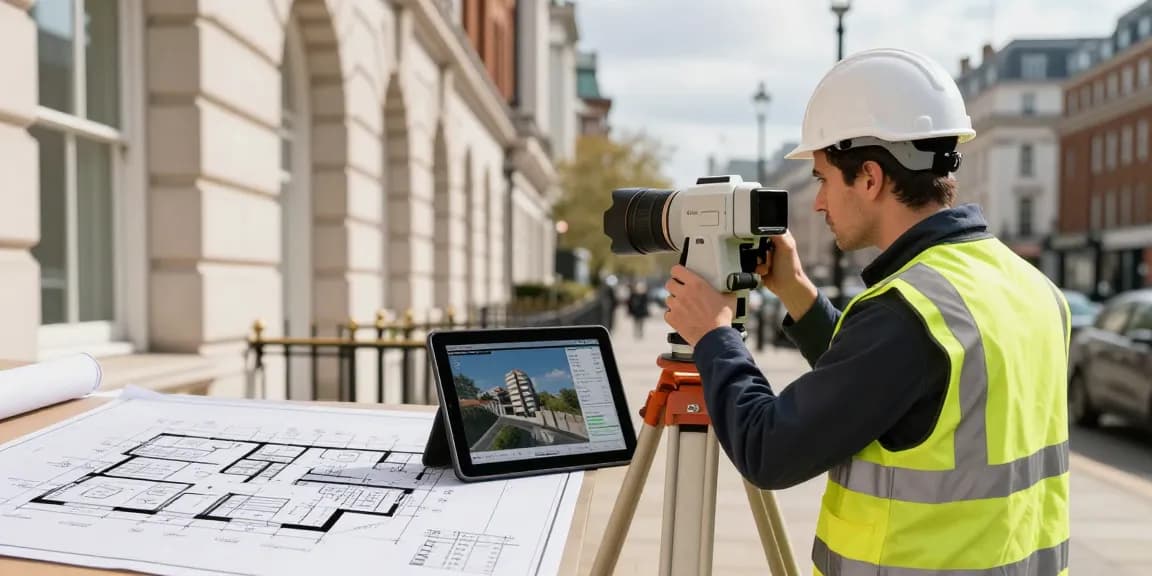 Measured building surveyors using advanced technology in London to capture accurate architectural measurements.