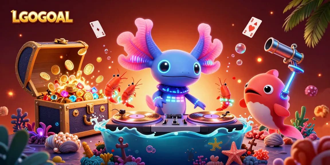 Spin winning reels with LGOGOAL's neon axolotl DJ and vibrant sea creatures.