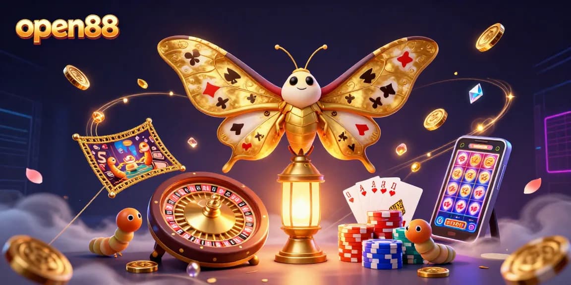 Experience the thrill of open88 with a vibrant 3D casino illustration, showcasing golden gaming elements and enchanting characters.