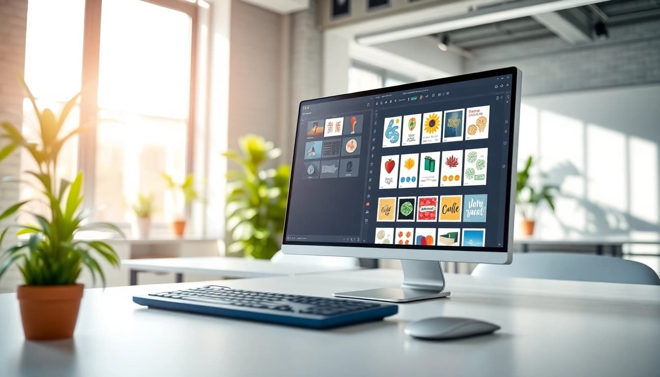 Create digital stamp cards with customizable templates displayed in a modern office.