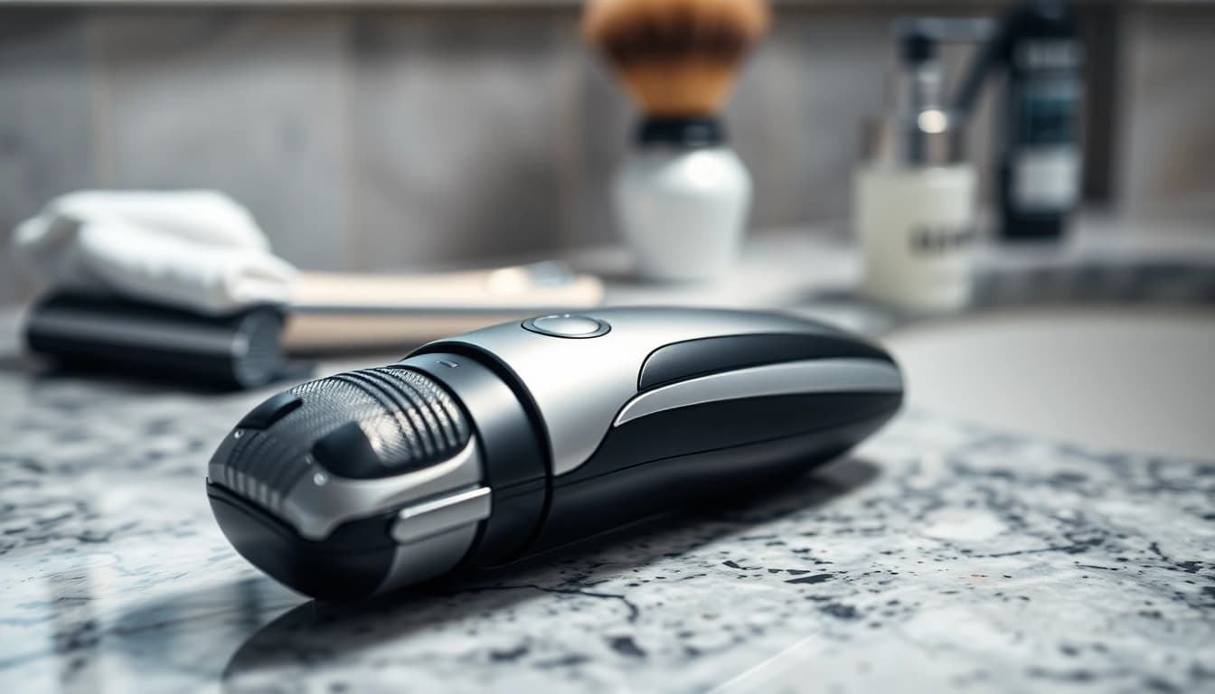 Trim with the electric foil shaver showcasing its sleek design and precision features.