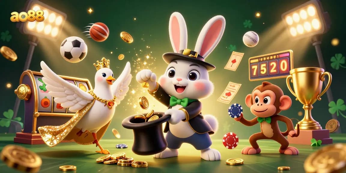 Experience ao88's casino magic with a rabbit, dove, and monkey in a sparkling scene.