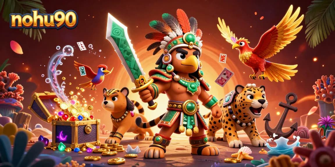 Win big with nohu90 in a vibrant 3D casino scene full of treasures and luck