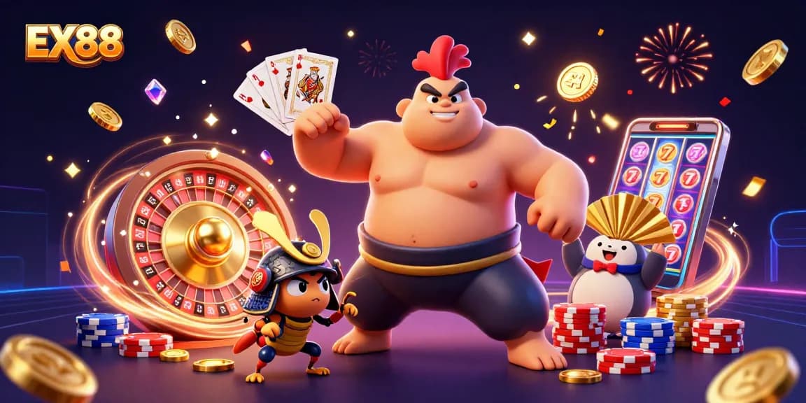 Witness the powerful sumo wrestler rooster and fierce cricket in EX88's vibrant 3D casino celebration.