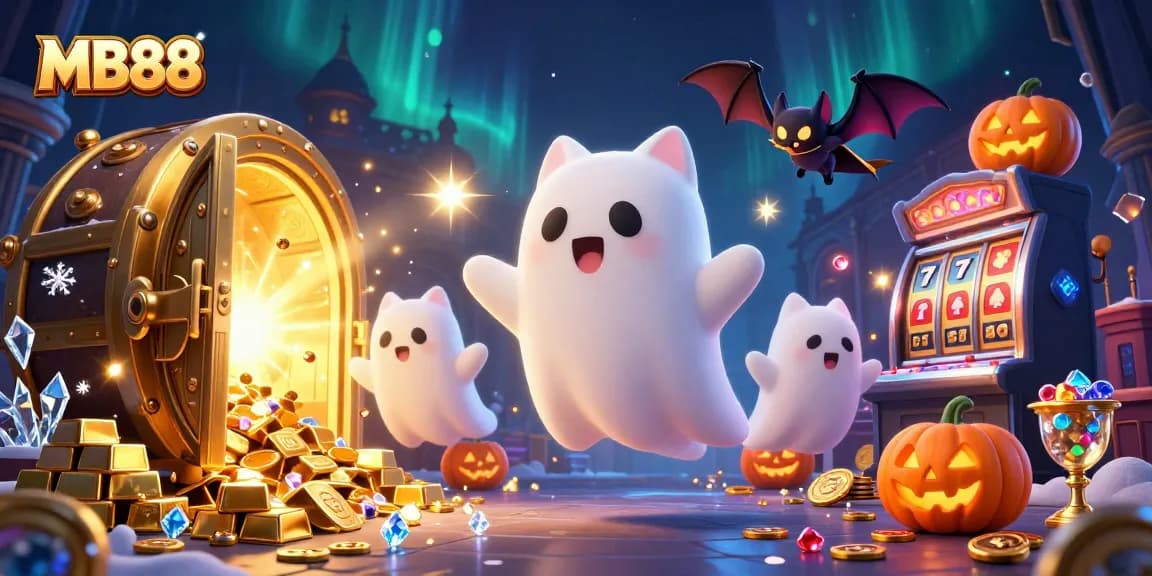 Experience excitement with MB88's ghost cat and vampire bat in a vibrant haunted casino scene.