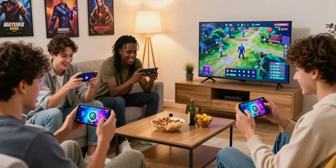 Mobile friends enjoying competitive gaming on MANTRA88 platform in a lively living room setting.