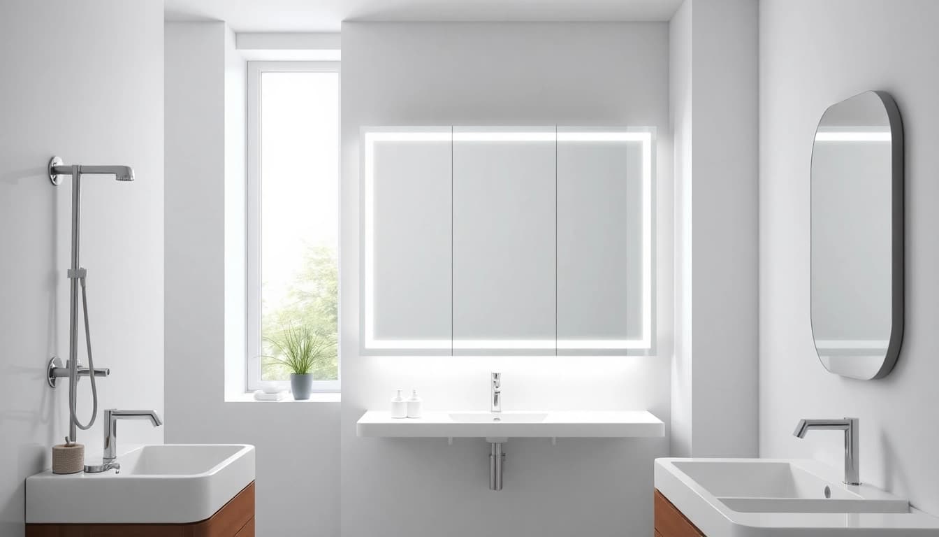 Spiegelschrank Bad mit elegantem Design und sanfter Beleuchtung im modernen Badezimmer.
