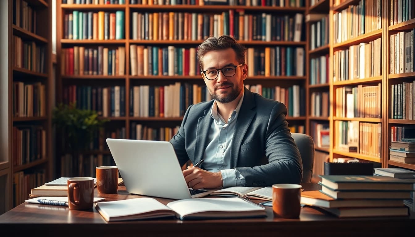 Learn how to publish book in india with a professional author writing in a cozy nook filled with books.