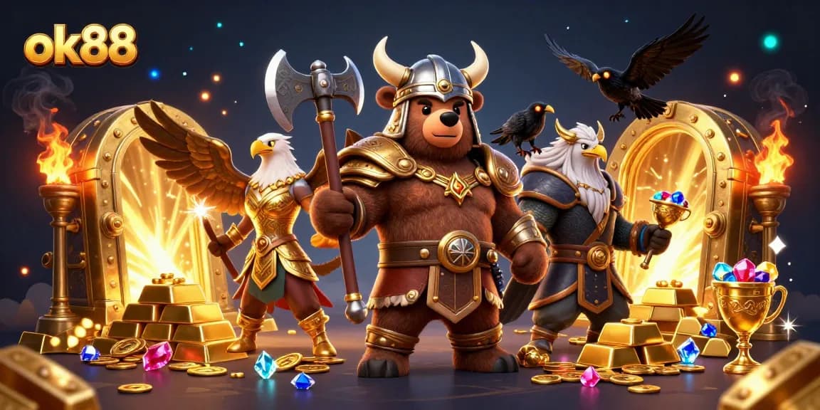 Experience the thrill of ok88 gaming with a dynamic casino scene featuring treasure and mythical characters.