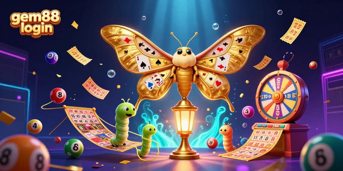 Experience the excitement of gem88 login through a vibrant casino-themed 3D illustration featuring lottery balls and golden tickets.