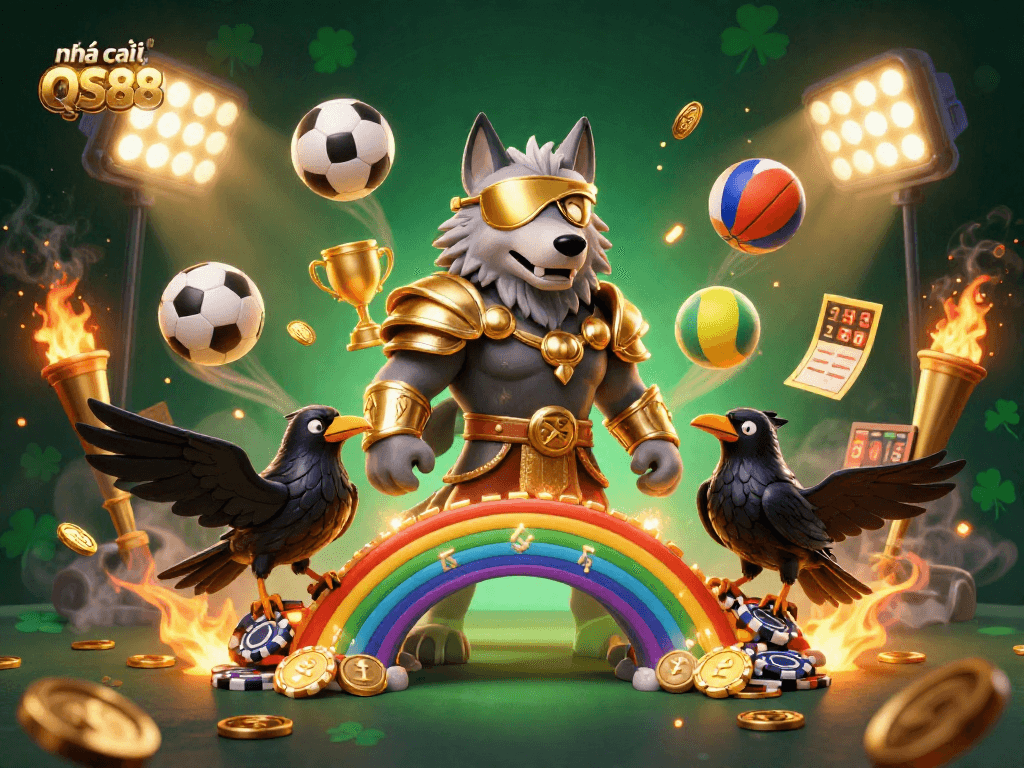 Engaging scene showcasing nhà cái QS88, where a mythical wolf and ravens celebrate casino gaming with dynamic sports elements.