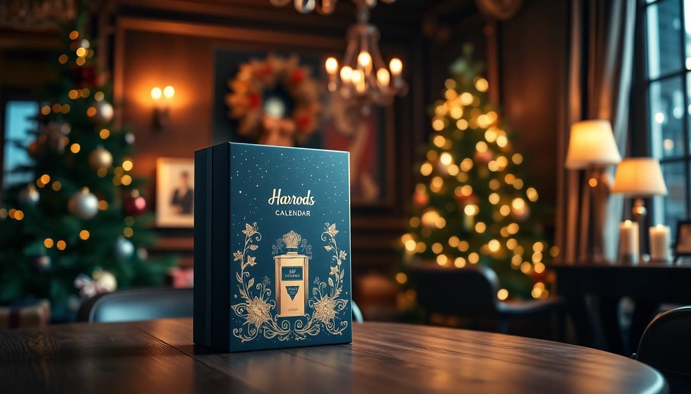 Discover the luxurious features of the Harrods perfume calendar in a festive setting.
