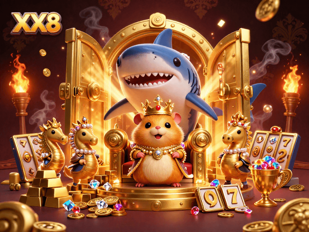 King XX8 presides over treasure in a vibrant casino scene with slot imagery.