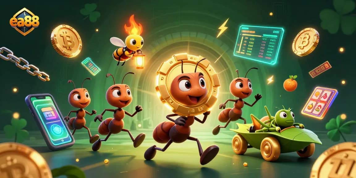 ea88 ants orchestrating a heist with a giant poker chip in a vibrant casino-themed tunnel