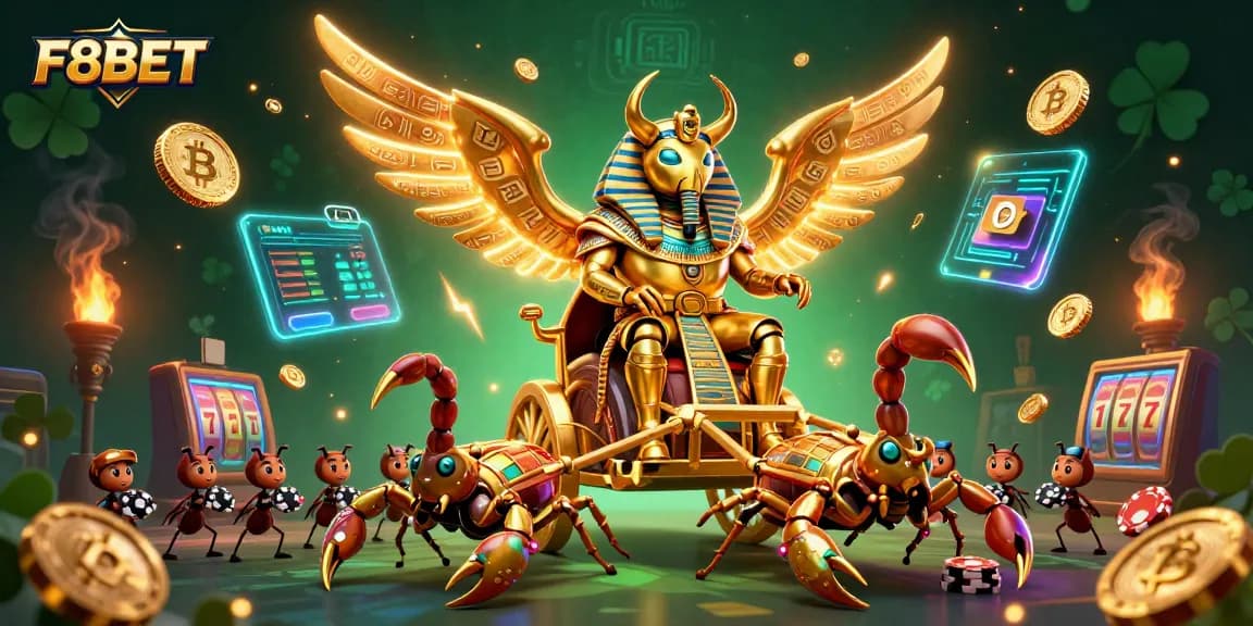 Experience the excitement of F8BET with a dynamic casino-themed 3D digital art featuring rich golden elements and crypto coins.