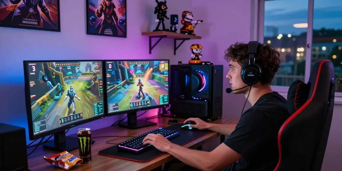 Engaged gamer on CIKA4D platform immersed in a dynamic online game environment with modern setup.