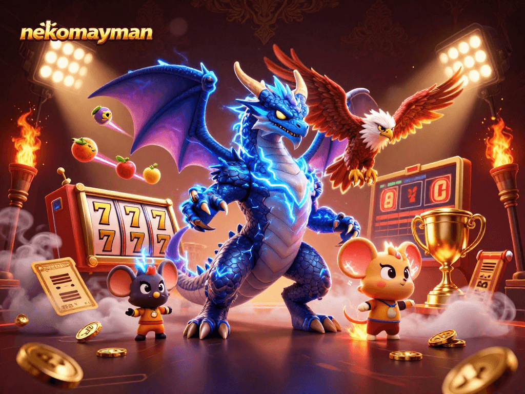 Neko May Mắn showcases 3D slot game characters with sirens of luck and winning animations.