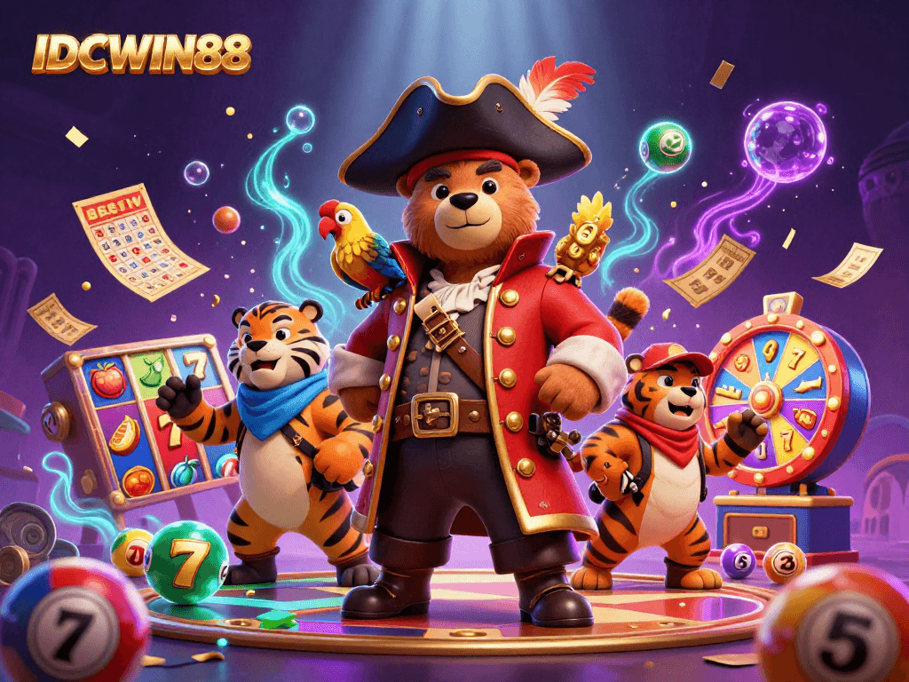 Experience thrilling jackpots with IDCWIN88 amidst dynamic slot reels and colorful casino elements.