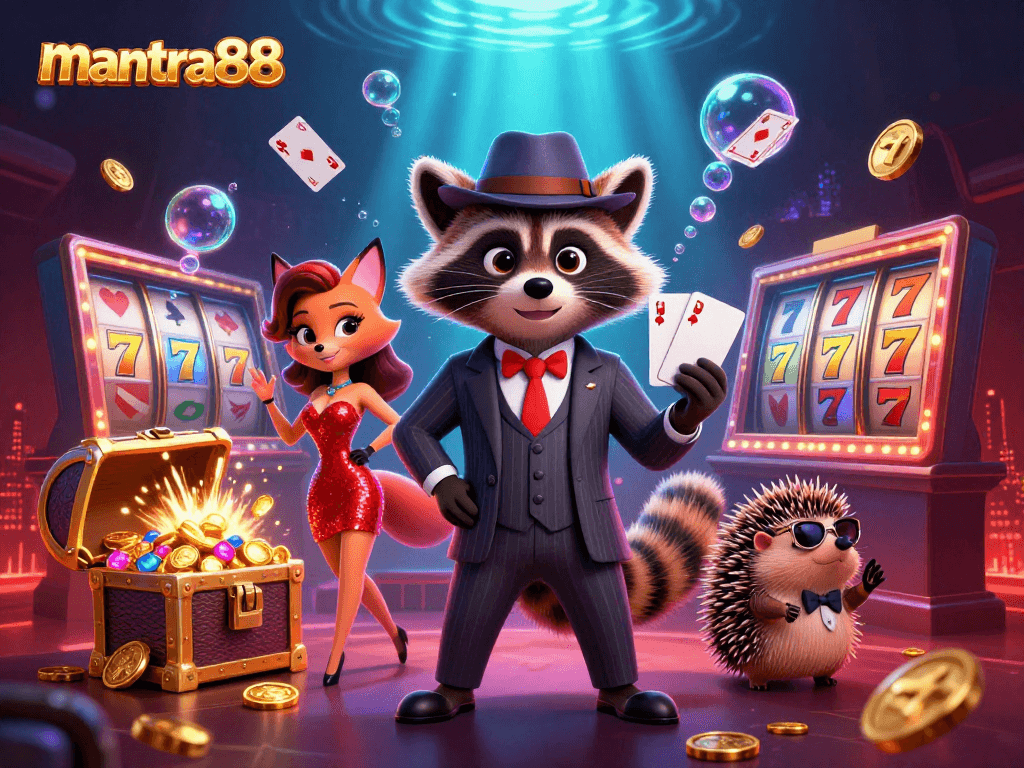 Experience the excitement of mantra88 with raccoon and friends celebrating a royal flush at a vibrant gaming scene.