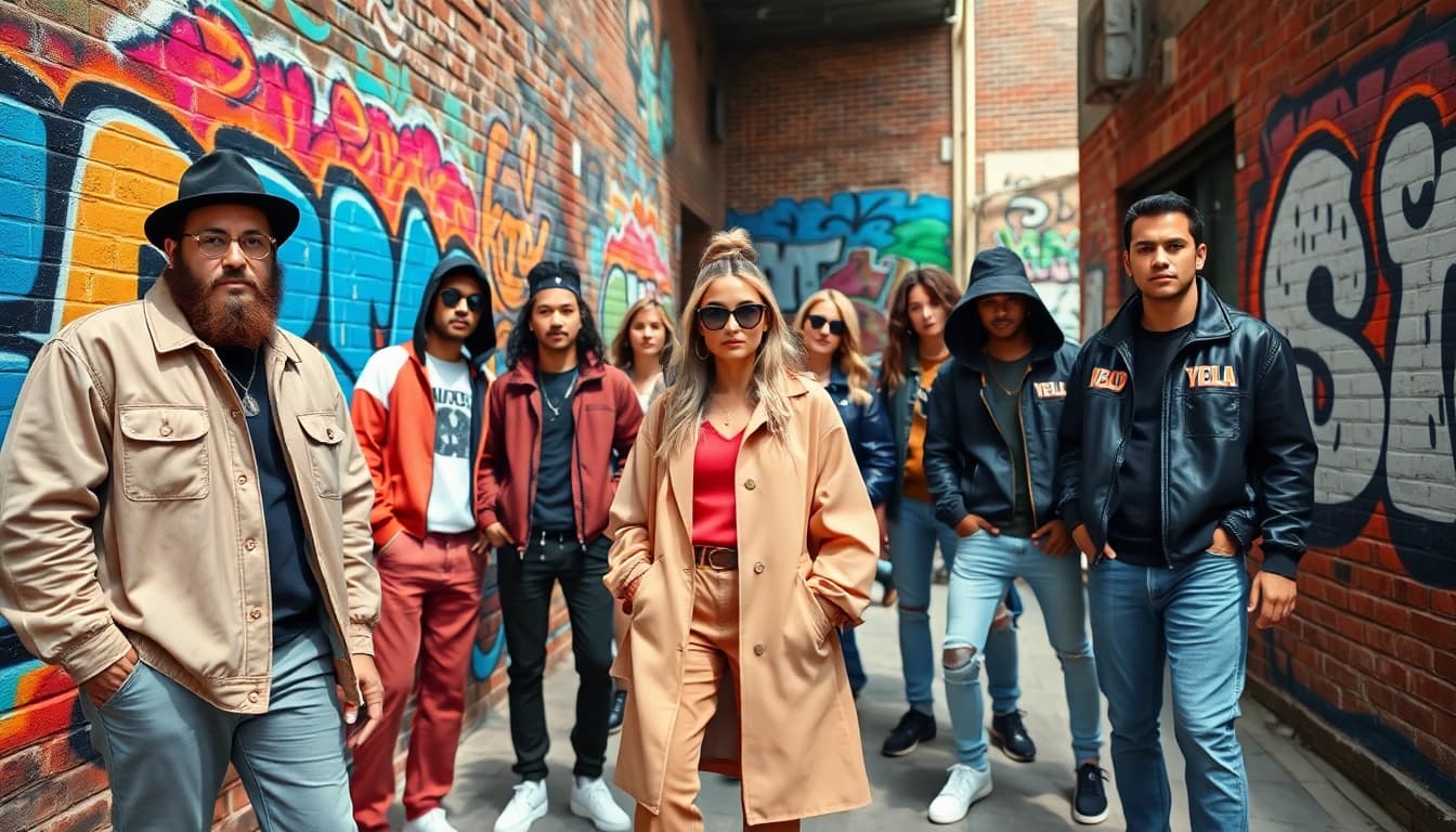 Stylish streetwear fashion showcasing diverse individuals on urban streets.