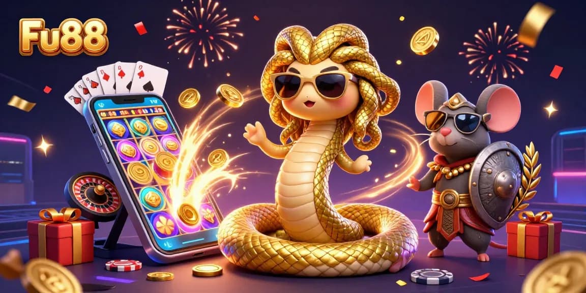 Experience thrilling gaming at Fu88 with a vibrant Medusa and warrior mouse in a dynamic casino scene.