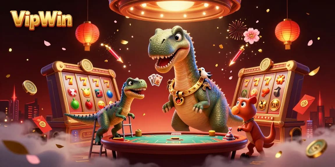 Engage with VipWin at the lively casino where a giant brontosaurus towers over a vibrant poker game.