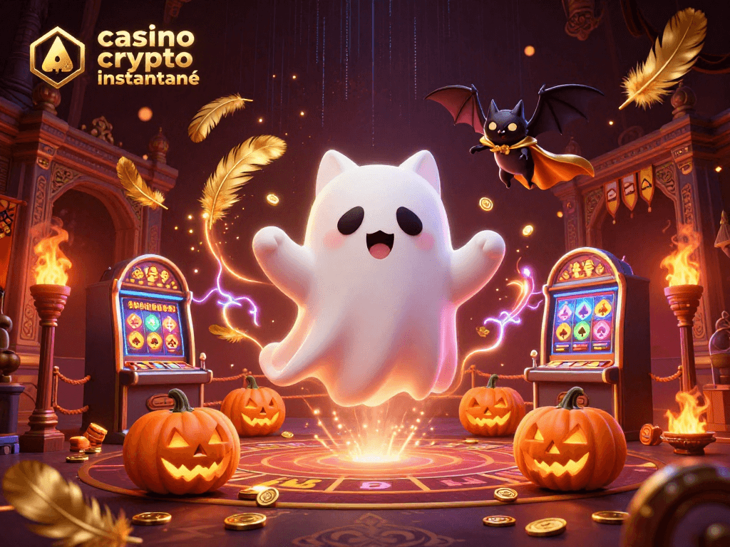 Éprouvez le frisson du casino crypto retrait instantané avec un chat fantôme et une chauve-souris dans un univers ludique.
