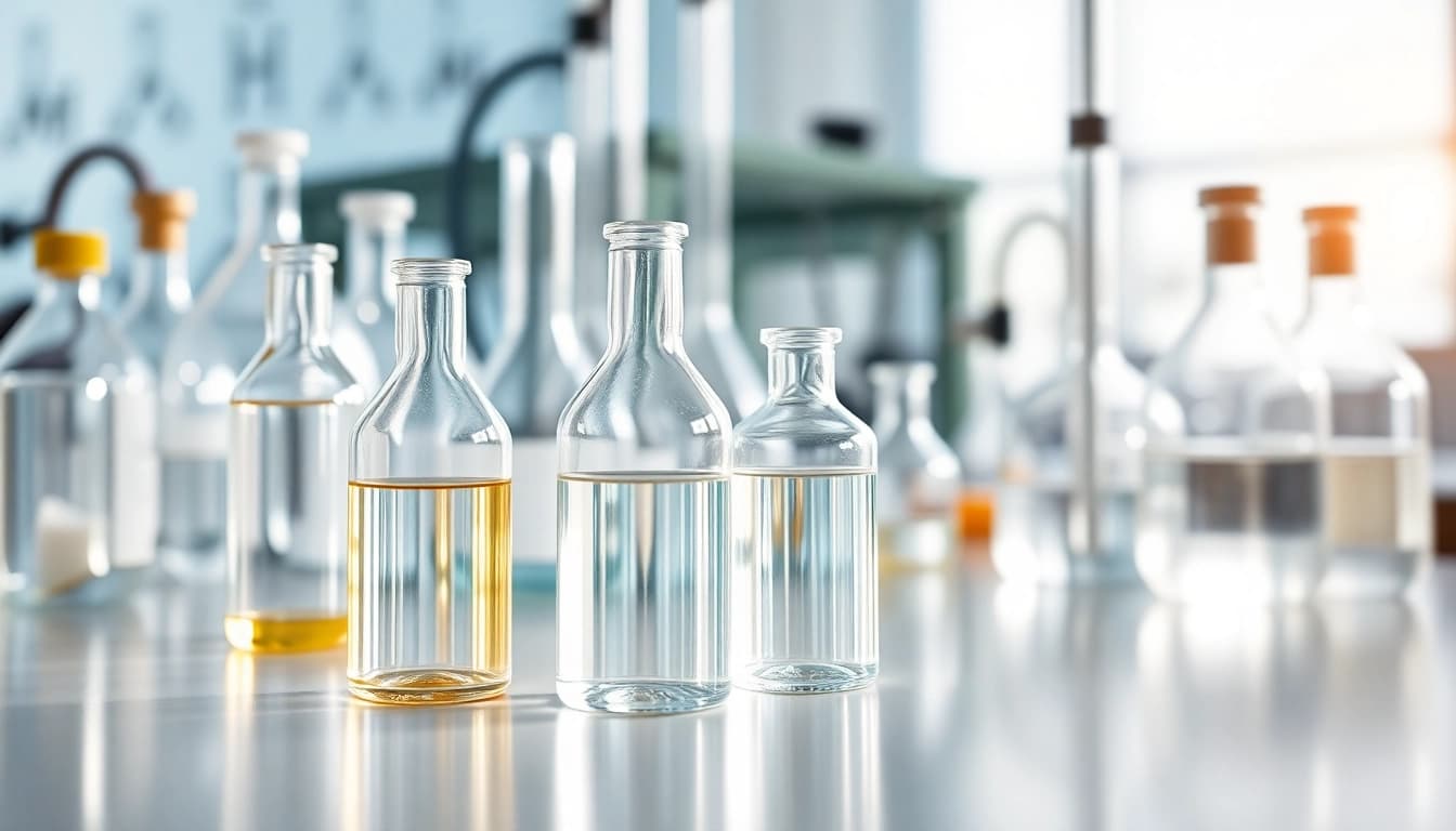 Demonstrating dimethyl sulfoxide in laboratory vials amidst scientific equipment.