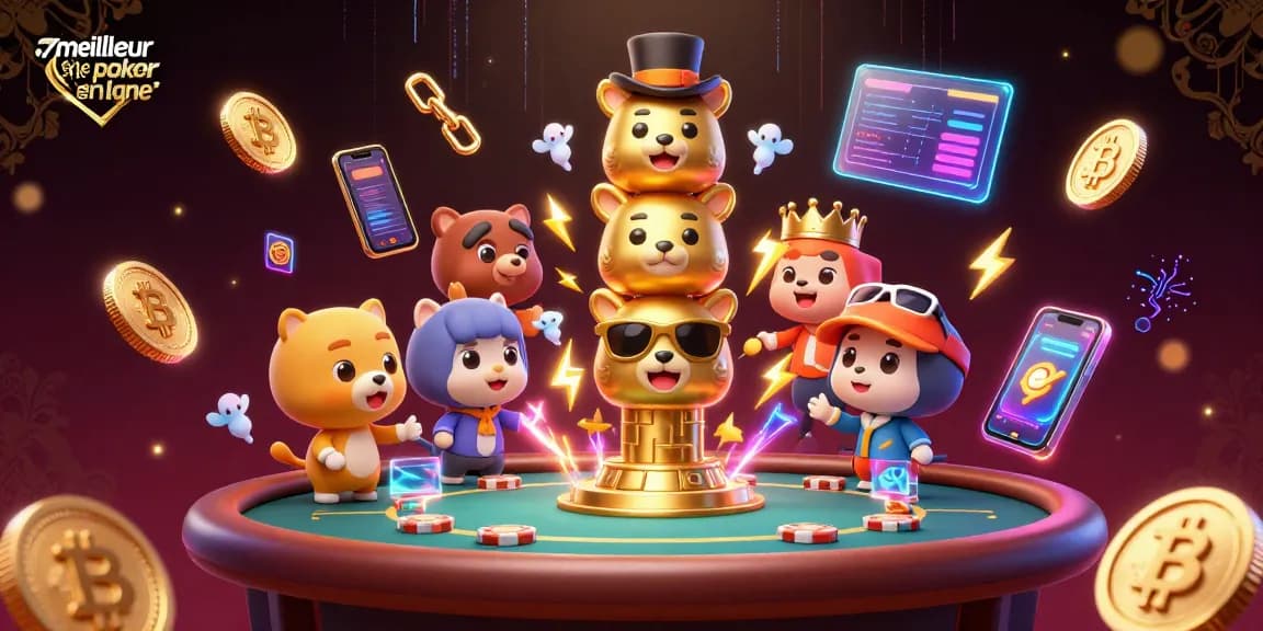 Les joueurs explorent le meilleur site de poker en ligne à travers une table animée, entourés de pièces de crypto-monnaies et d'effets lumineux.