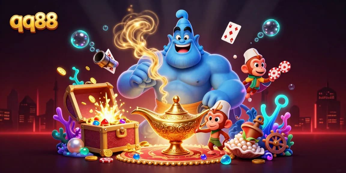 Engage in thrilling moments at QQ88 with a powerful genie, poker chips, and vibrant casino elements