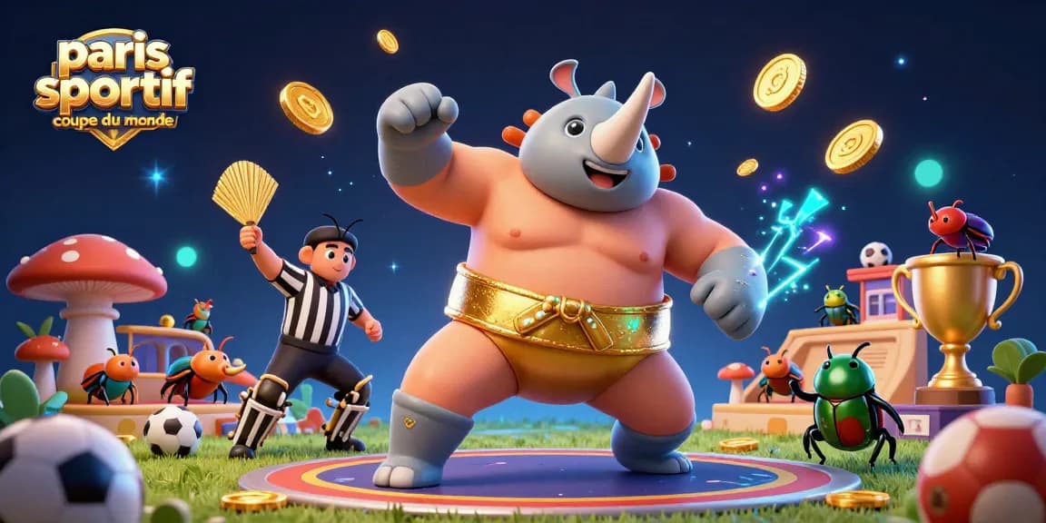 Paris sportif coupe du monde : un champion rhinocéros illustré avec des éléments de paris sportifs, créant un impact visuel captivant.
