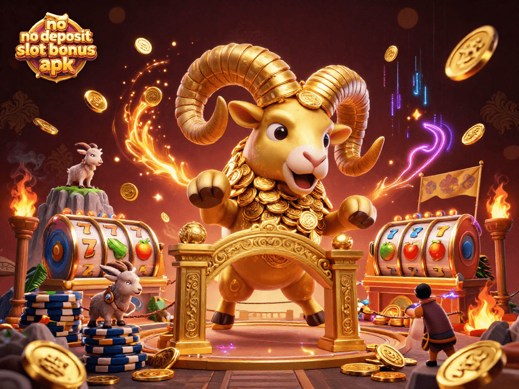 No deposit slot bonus apk visualizes exhilarating gaming scenes with golden ram and vibrant slot elements.