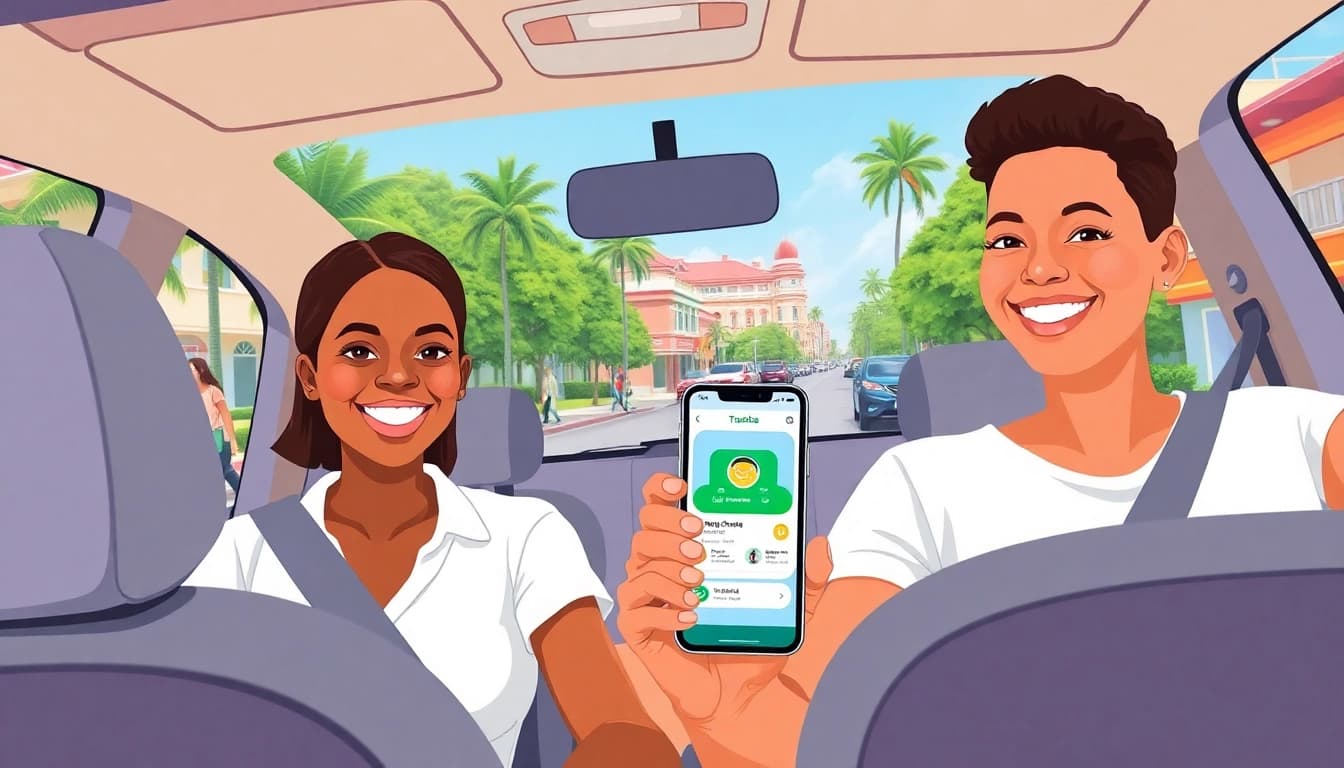 Experience the Uber of Grenada rideshare service with a happy passenger and driver in a vibrant setting.