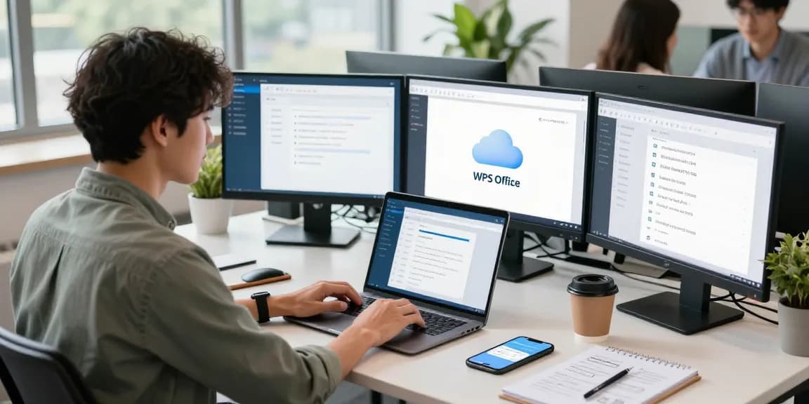 使用WPS Office 下载的现代办公场景，年轻专业人士在共享工作空间中协作，显示文档同步功能。