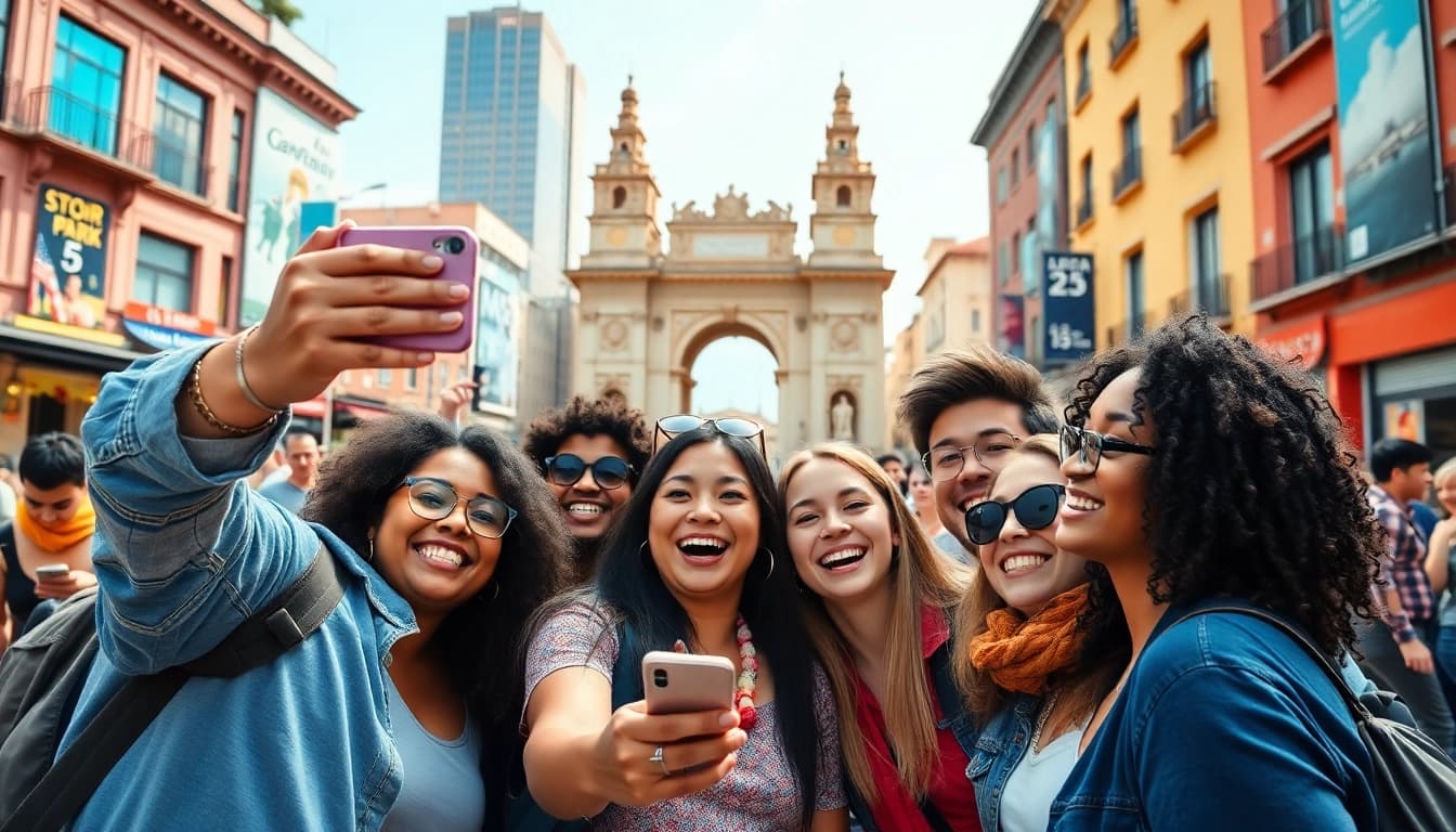Joyful group taking a Selfie in front of a vibrant city landmark.