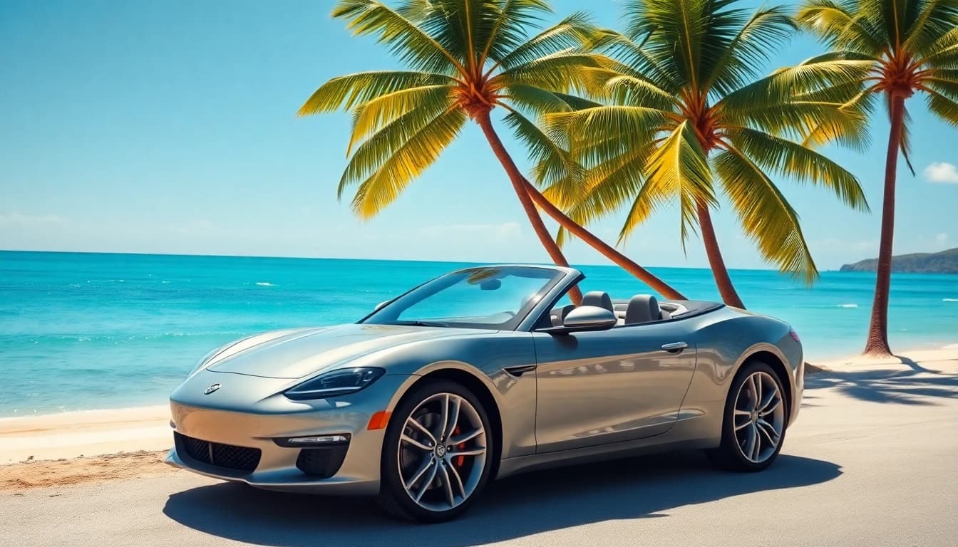 Experience premium car rental st barts with a luxury convertible against a beautiful coastal backdrop.