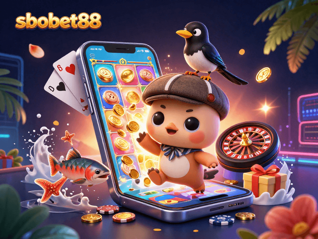 SBOBET88 offers thrilling betting experiences, showcasing a vibrant 3D casino scene filled with dynamic elements.