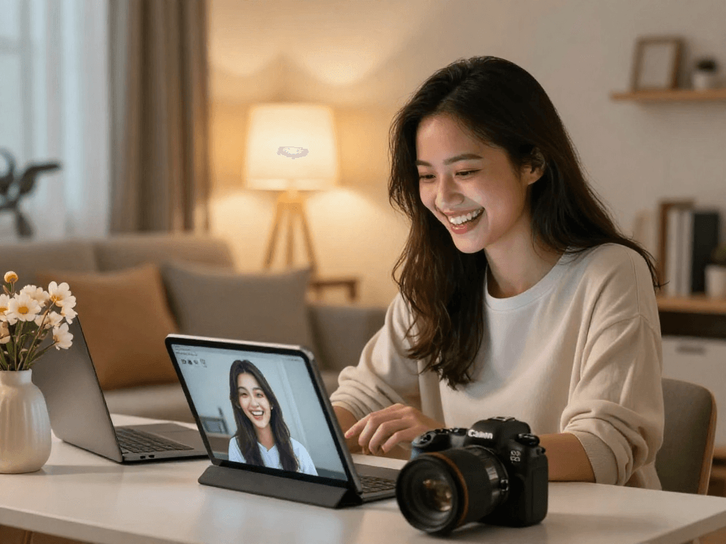 Young woman joyfully interacting with her AI girlfriend on a tablet in a cozy home office.